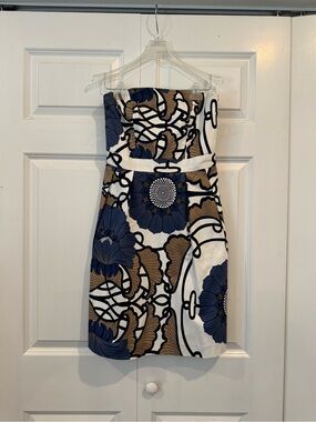 Elizabeth McKay Blue & Tan Floral Strapless Dress Sz 4